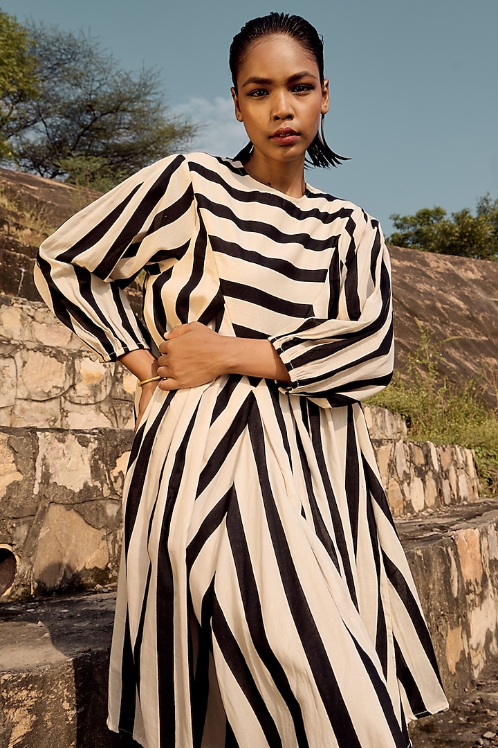 Black & White Mul Cotton Striped Dress by Khara Kapas at Pernia's Pop Up Shop