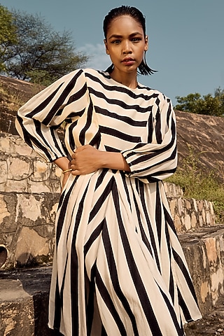 Black & White Mul Cotton Striped Dress by Khara Kapas