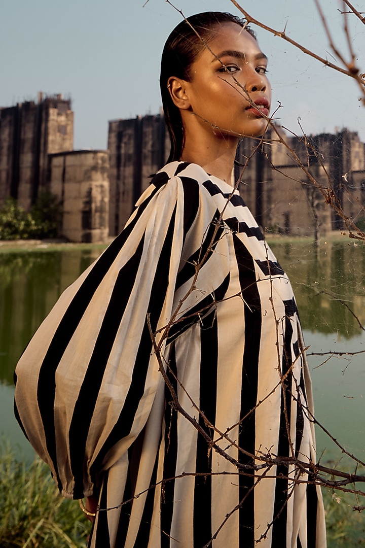 Black & White Mul Cotton Striped Summer Dress by Khara Kapas at Pernia's Pop Up Shop