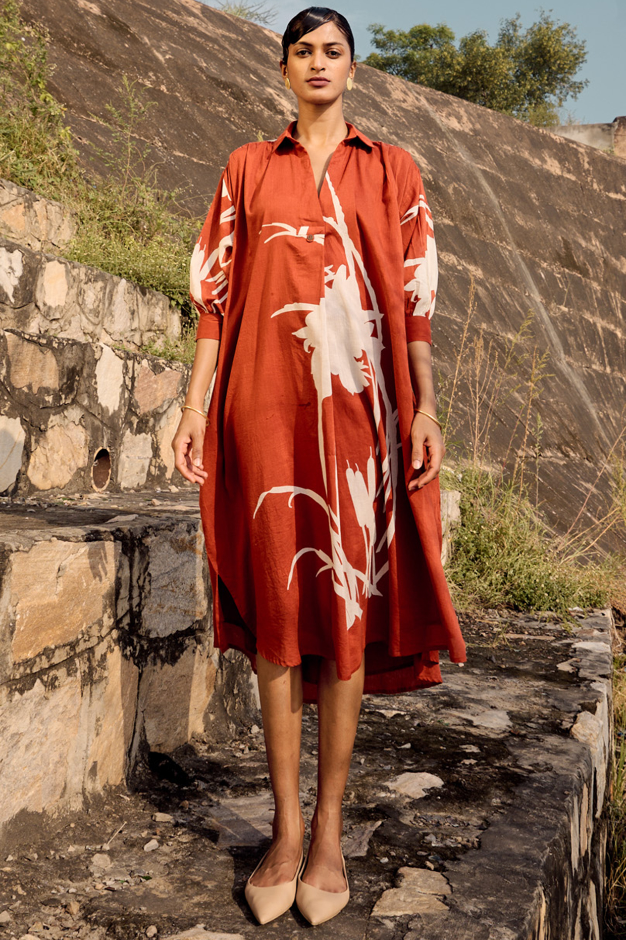Brick Red Mul Lino Printed Summer Dress by Khara Kapas at Pernia's Pop Up Shop