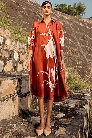 Brick Red Mul Lino Printed Dress by Khara Kapas