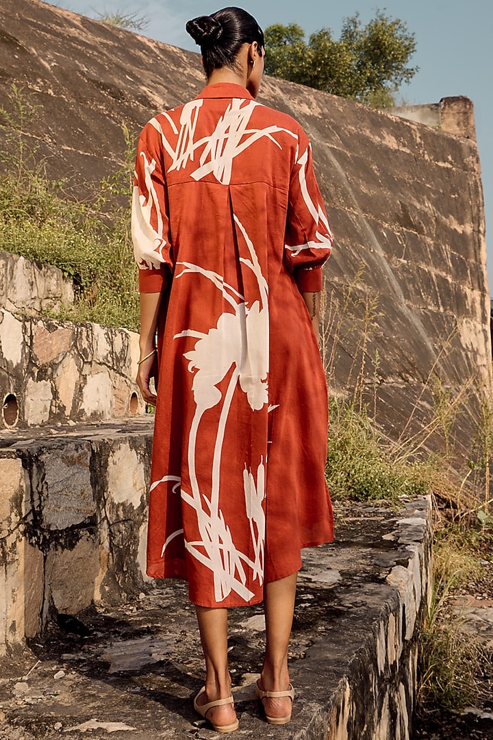 Brick Red Mul Lino Printed Summer Dress by Khara Kapas at Pernia's Pop Up Shop