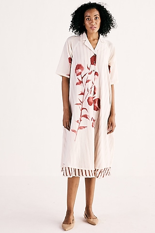 Off-White Cotton Mul Floral Art Printed Dress by Khara Kapas