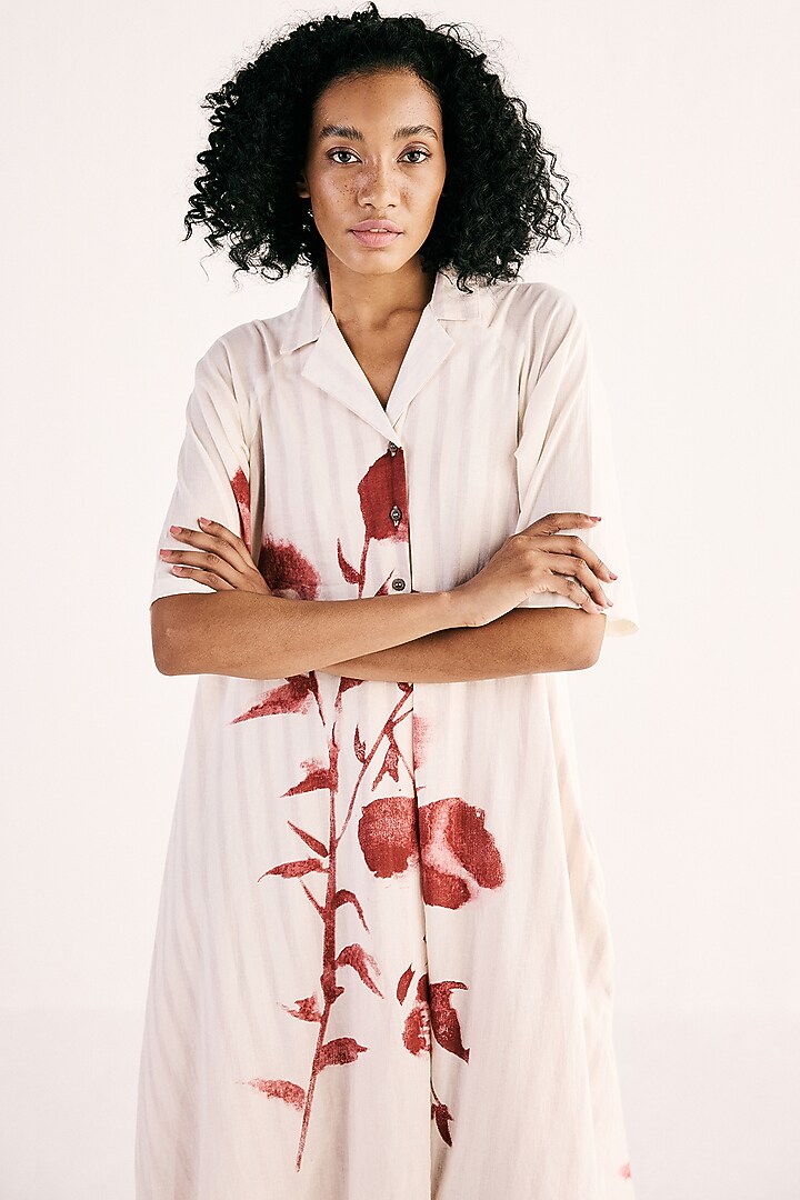 Off-White Cotton Mul Floral Art Printed Summer Dress by Khara Kapas at Pernia's Pop Up Shop