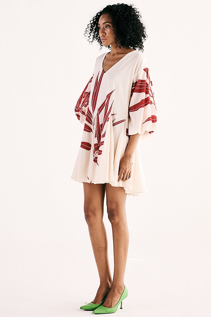 Off-White Cotton Mul Signature Fern Printed Mini Summer Dress by Khara Kapas at Pernia's Pop Up Shop