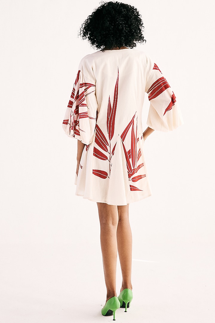 Off-White Cotton Mul Signature Fern Printed Mini Summer Dress by Khara Kapas at Pernia's Pop Up Shop