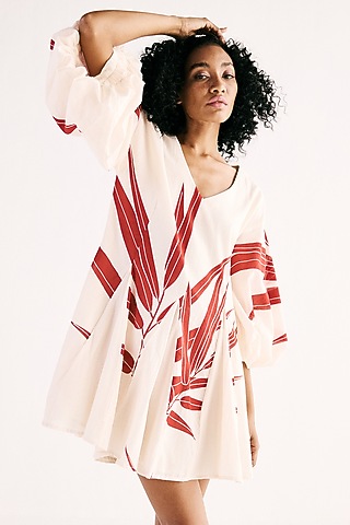 Off-White Cotton Mul Signature Fern Printed Mini Dress by Khara Kapas
