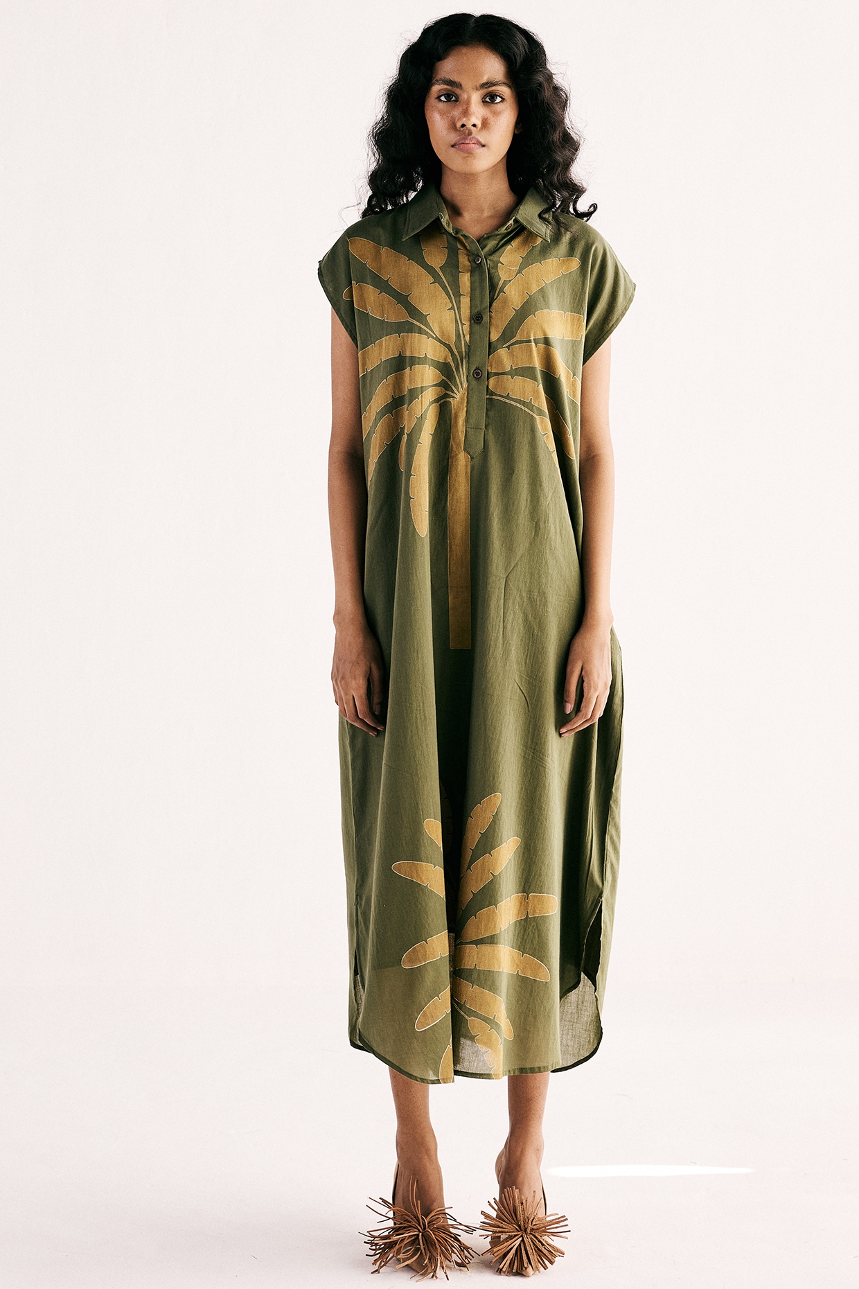 Olive Green Cotton Mul Palm Leaf Printed Long Shirt Dress by Khara Kapas at Pernia s Pop Up Shop 2024