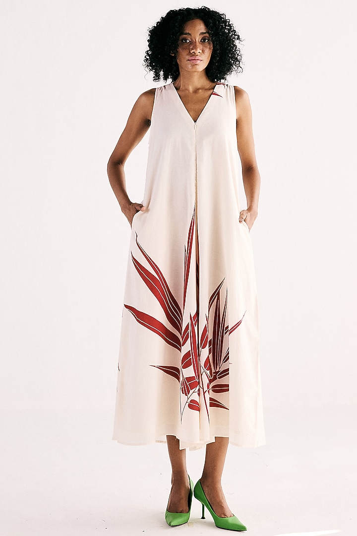 Off-White Cotton Mul Fern Printed A-line Jumpsuit by Khara Kapas at Pernia's Pop Up Shop