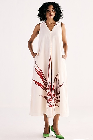 Off-White Cotton Mul Fern Printed A-line Jumpsuit by Khara Kapas