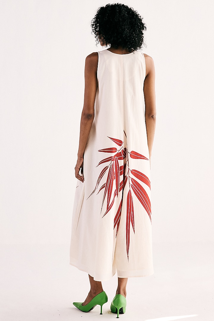 Off-White Cotton Mul Fern Printed A-line Jumpsuit by Khara Kapas at Pernia's Pop Up Shop