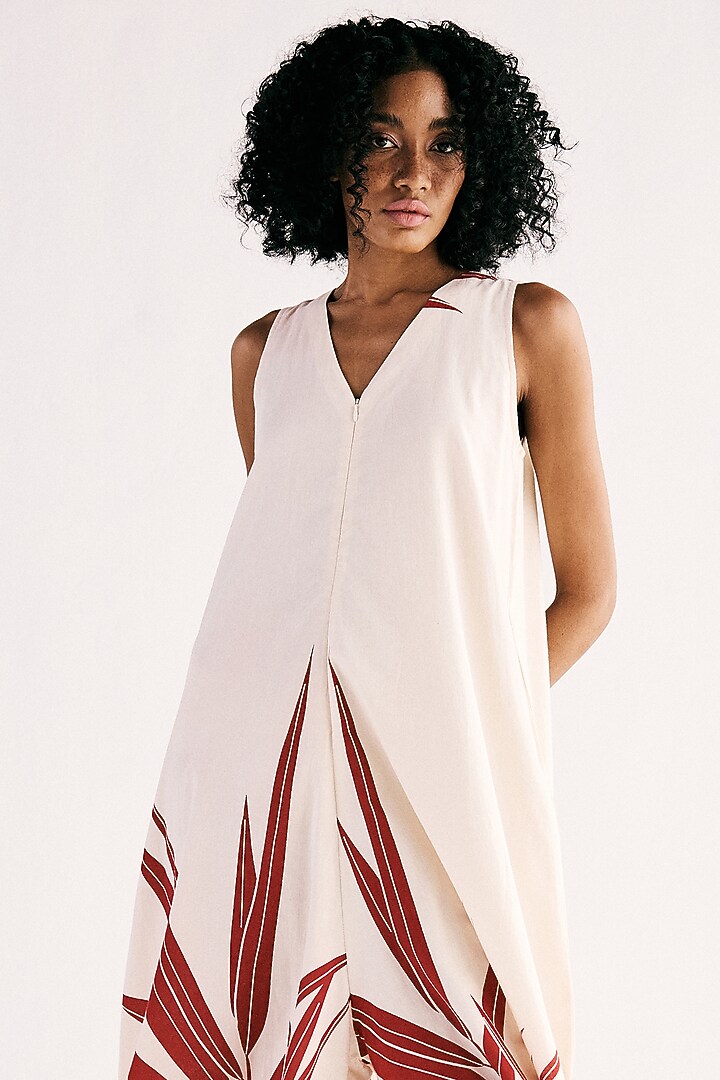 Off-White Cotton Mul Fern Printed A-line Jumpsuit by Khara Kapas at Pernia's Pop Up Shop