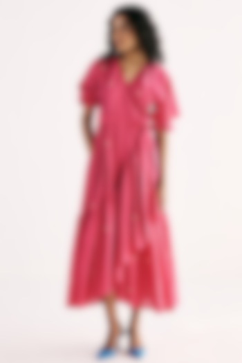 Hot Pink Cotton Mul Polka Printed Wrap Summer Dress by Khara Kapas at Pernia's Pop Up Shop