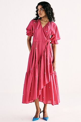 Hot Pink Cotton Mul Polka Printed Wrap Dress by Khara Kapas