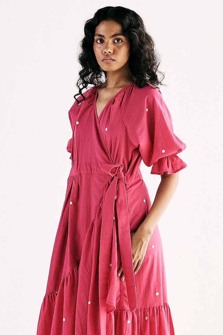 Hot Pink Cotton Mul Polka Printed Wrap Summer Dress by Khara Kapas at Pernia's Pop Up Shop