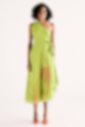 Lime Green Soft Cotton Mul Floral Printed One-Shoulder Midi Summer Dress by Khara Kapas at Pernia's Pop Up Shop