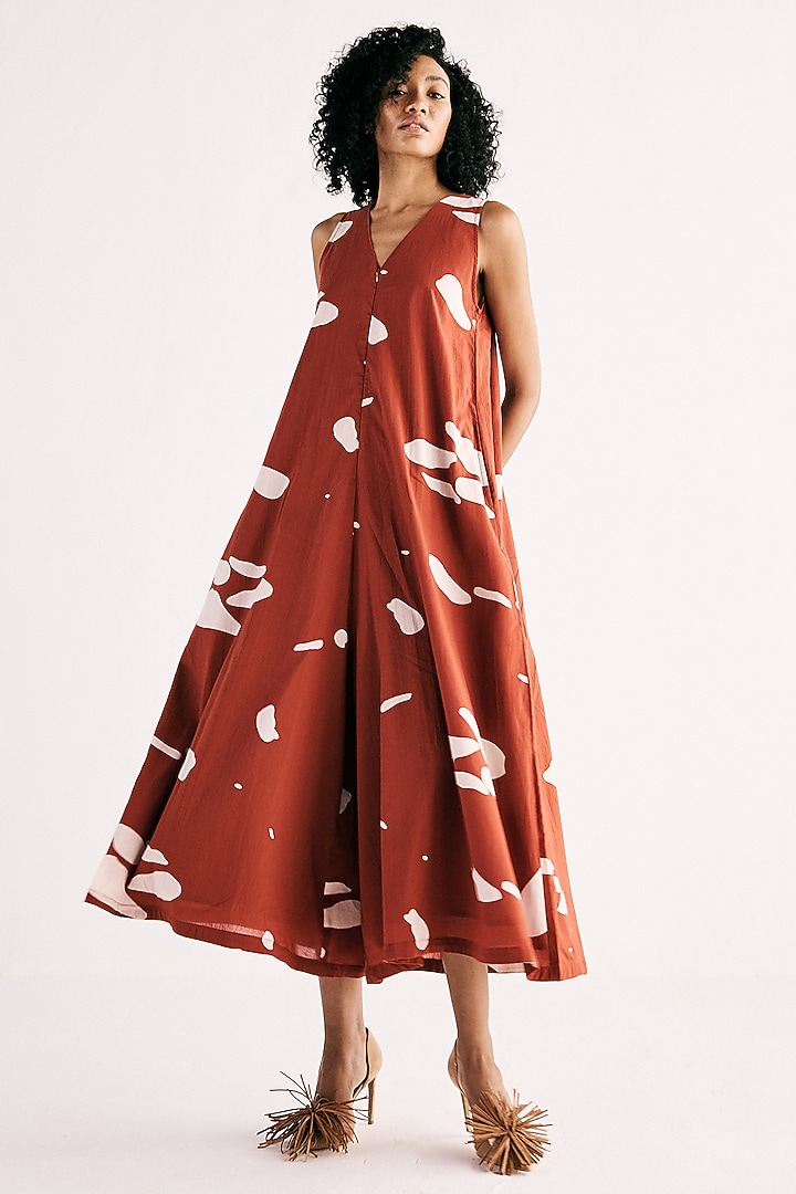 Brick Red Cotton Printed A-Line Jumpsuit by Khara Kapas at Pernia's Pop Up Shop