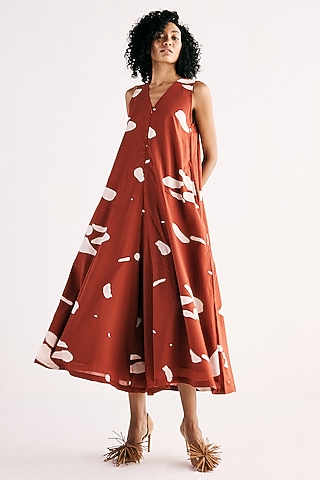 Brick Red Cotton Printed A-Line Jumpsuit by Khara Kapas