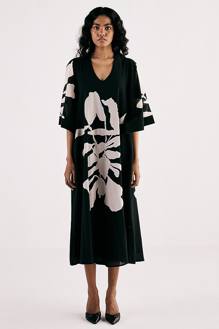 Black Soft Cotton Mul Printed A-Line Midi Summer Dress by Khara Kapas at Pernia's Pop Up Shop