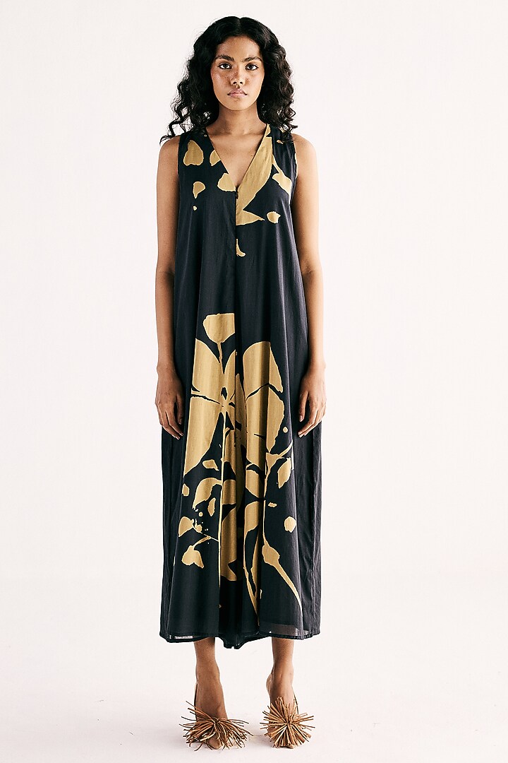 Black Soft Cotton Mul Floral Printed Jumpsuit by Khara Kapas at Pernia's Pop Up Shop