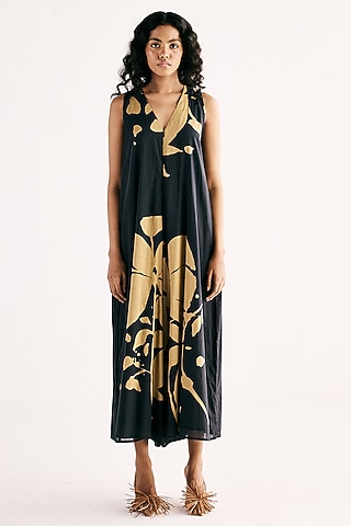 Black Soft Cotton Mul Floral Printed Jumpsuit by Khara Kapas