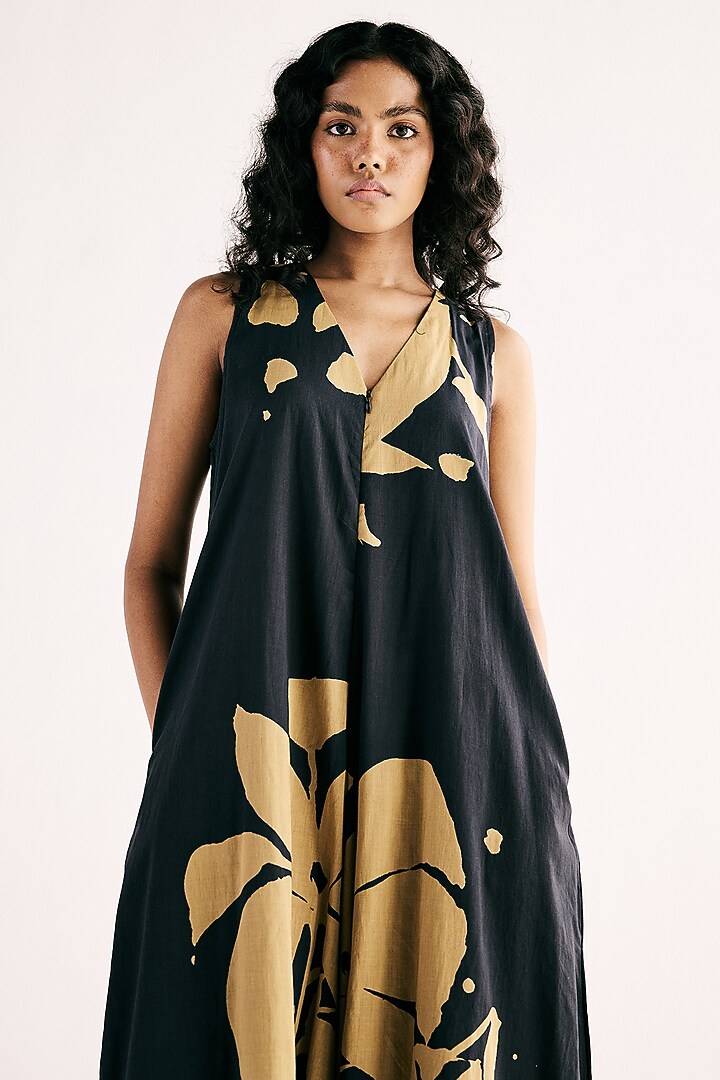 Black Soft Cotton Mul Floral Printed Jumpsuit by Khara Kapas at Pernia's Pop Up Shop