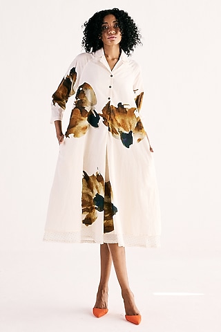 Off-White Cotton Mul Floral Art Printed Dress by Khara Kapas