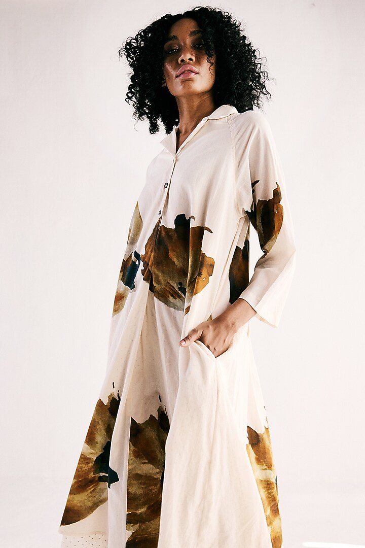 Off-White Cotton Mul Floral Art Printed Summer Dress by Khara Kapas at Pernia's Pop Up Shop