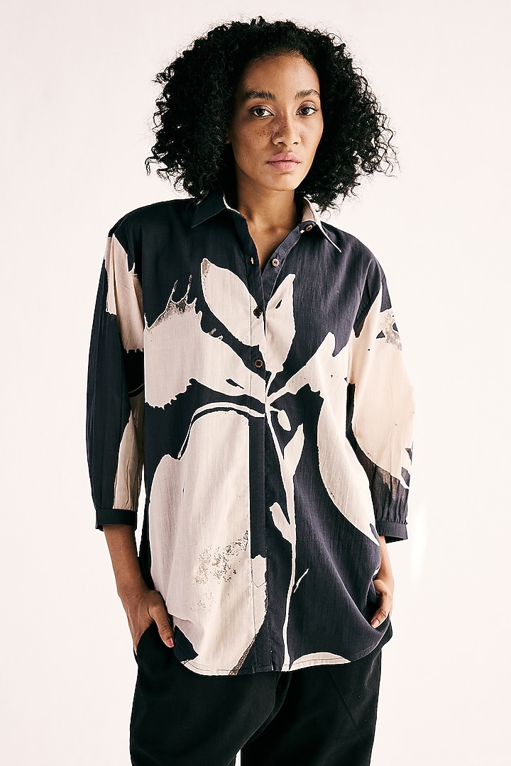 Black Cotton Mul Floral Printed Shirt by Khara Kapas at Pernia's Pop Up Shop