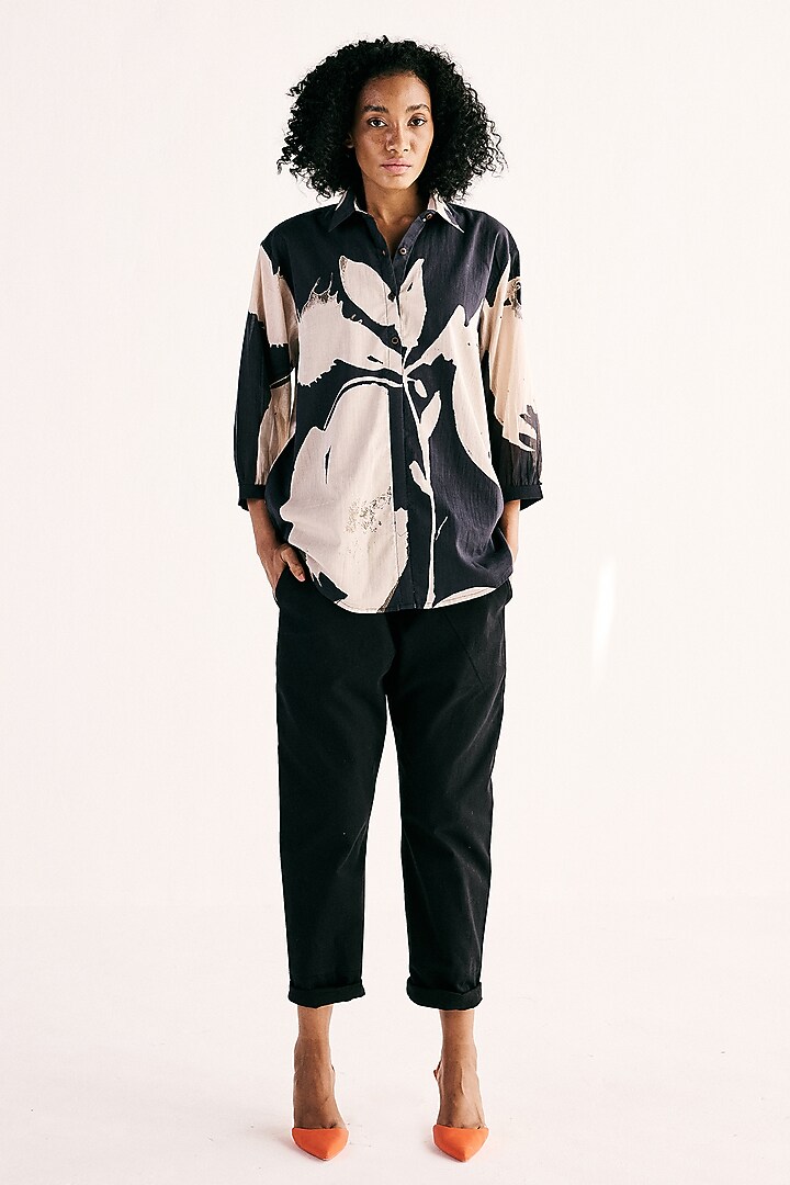 Black Cotton Mul Floral Printed Shirt by Khara Kapas at Pernia's Pop Up Shop