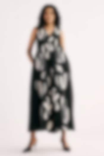Black Cotton Mul Printed A-line Jumpsuit by Khara Kapas at Pernia's Pop Up Shop