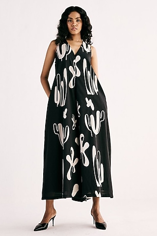 Black Cotton Mul Printed A-line Jumpsuit by Khara Kapas