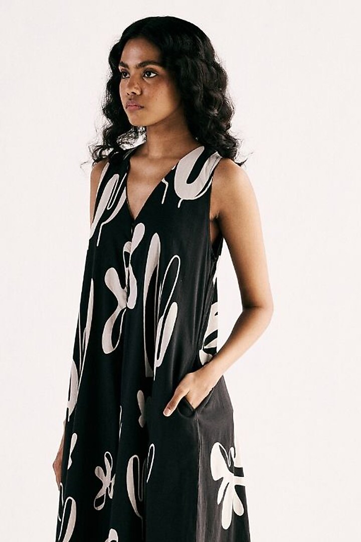 Black Cotton Mul Printed A-line Jumpsuit by Khara Kapas at Pernia's Pop Up Shop