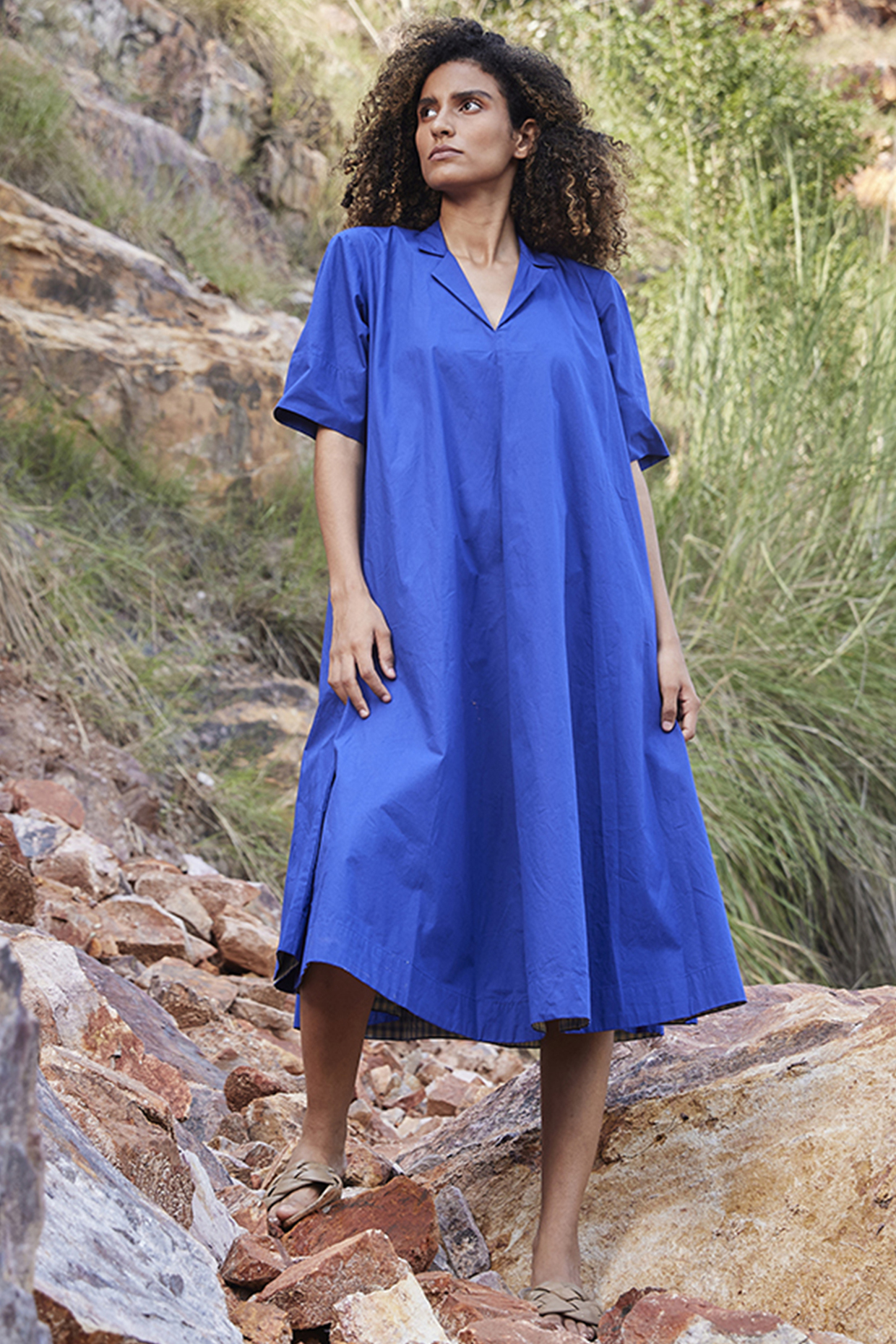 Electric Blue Cotton Poplin Midi Dress by Khara Kapas at Pernia s Pop Up Shop