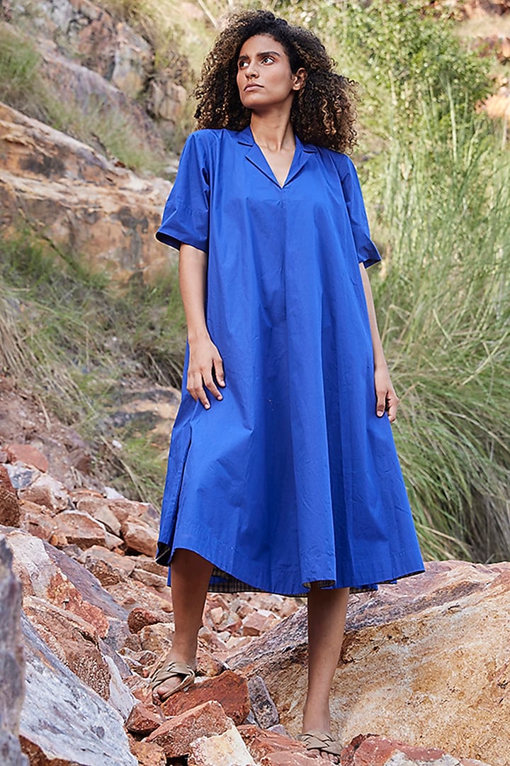 Electric Blue Cotton Poplin Midi Dress by Khara Kapas