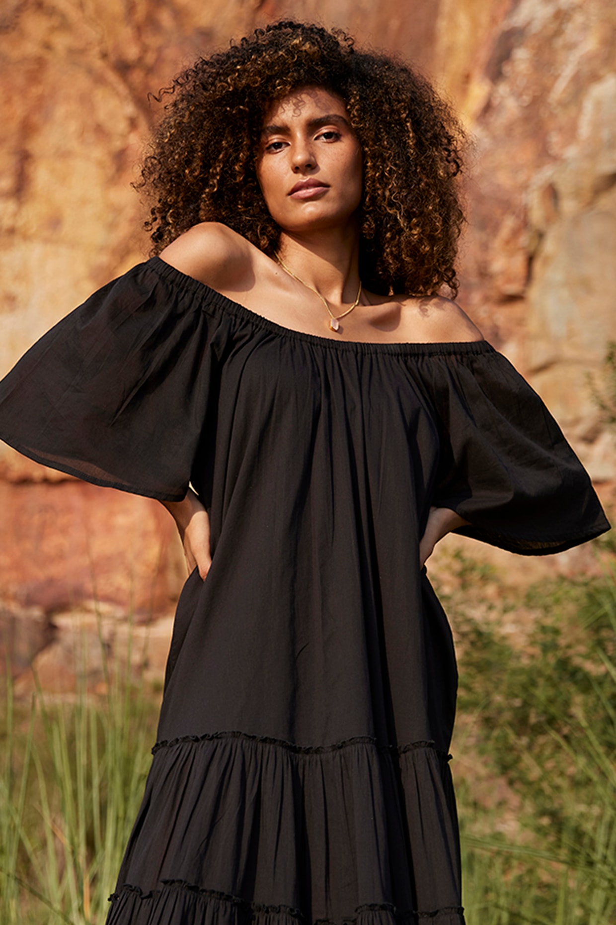 Black Mustard Cotton Midi Dress Design by Khara Kapas at