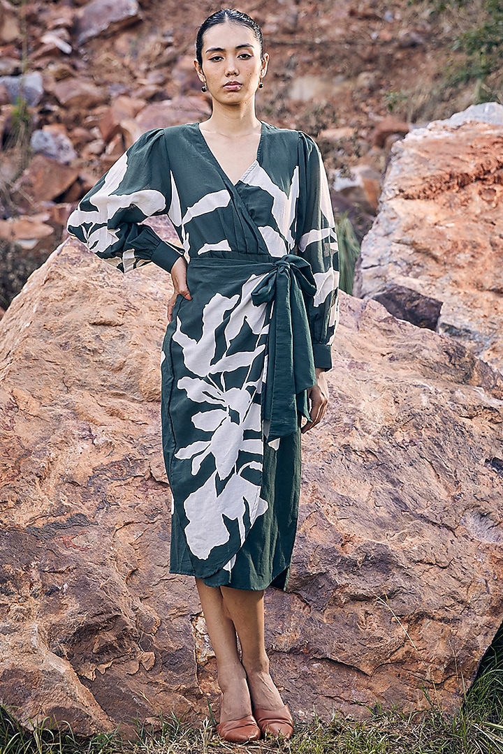 Forest Green & Off-White Floral Printed Dress by Khara Kapas