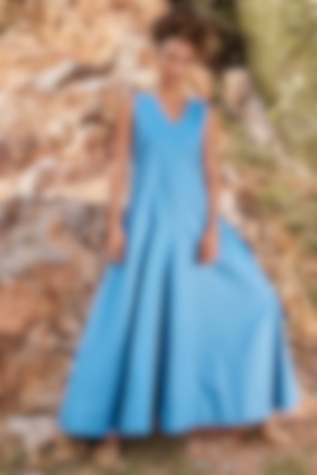 Blue Twill Weave Cotton Flared Jumpsuit by Khara Kapas at Pernia's Pop Up Shop