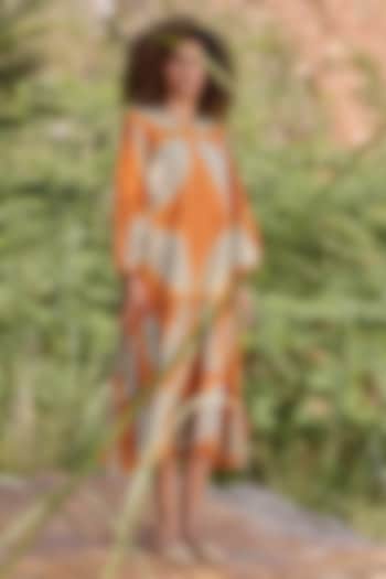 Orange & Beige Dyed Printed Midi Summer Dress by Khara Kapas at Pernia's Pop Up Shop