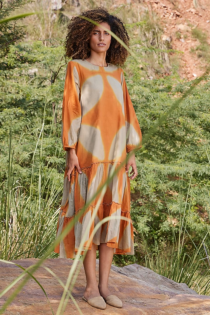 Orange & Beige Dyed Printed Midi Summer Dress by Khara Kapas at Pernia's Pop Up Shop