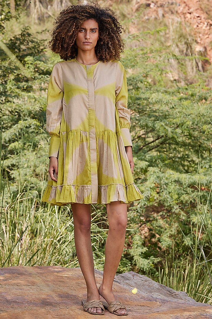 Lime Yellow Beige Dyed Printed Mini Summer Dress by Khara Kapas at  Pernia's Pop Up Shop