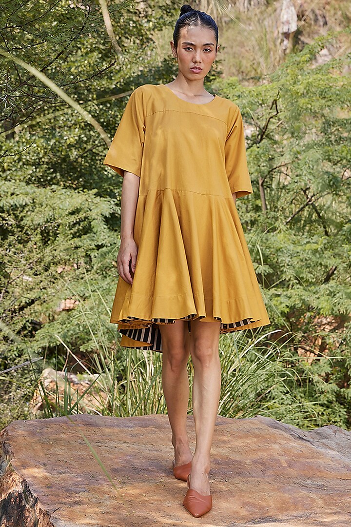 Mustard Cotton Flared Dress by Khara Kapas