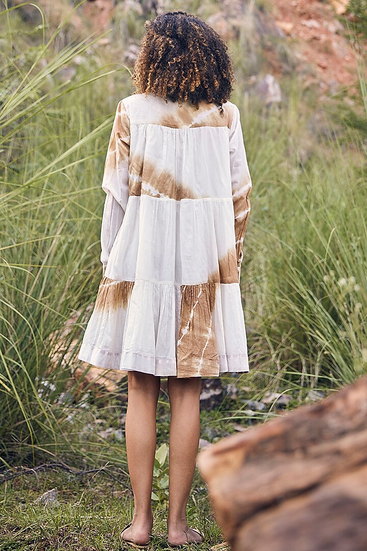 White & Beige Tie-Dye Printed Tiered Summer Dress by Khara Kapas at Pernia's Pop Up Shop