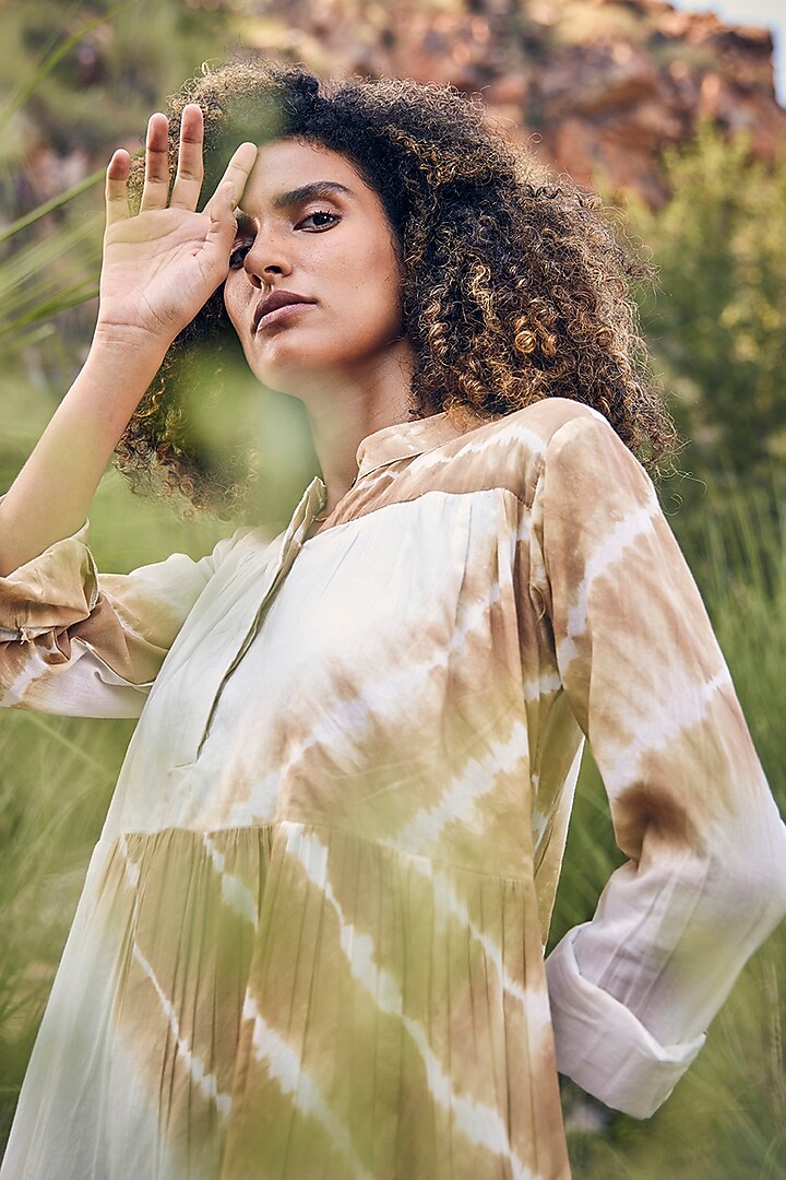 White & Beige Tie-Dye Printed Tiered Summer Dress by Khara Kapas at Pernia's Pop Up Shop