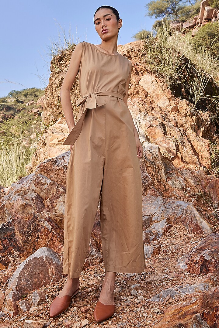 Khaki Cotton Poplin Jumpsuit by Khara Kapas at Pernia's Pop Up Shop