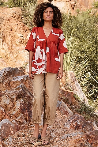 Brick Red Floral Printed Top by Khara Kapas