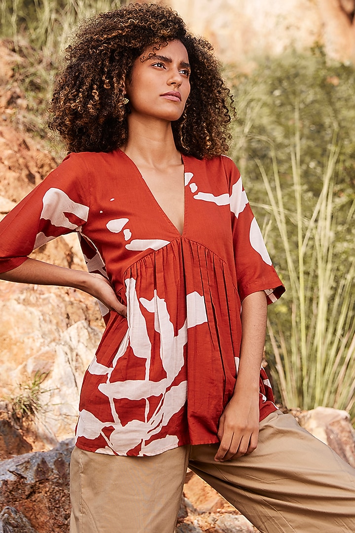 Brick Red Floral Printed Top by Khara Kapas at Pernia's Pop Up Shop