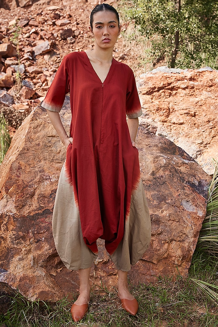 Red & Beige Dip-Dyed Printed jumpsuit by Khara Kapas at Pernia's Pop Up Shop