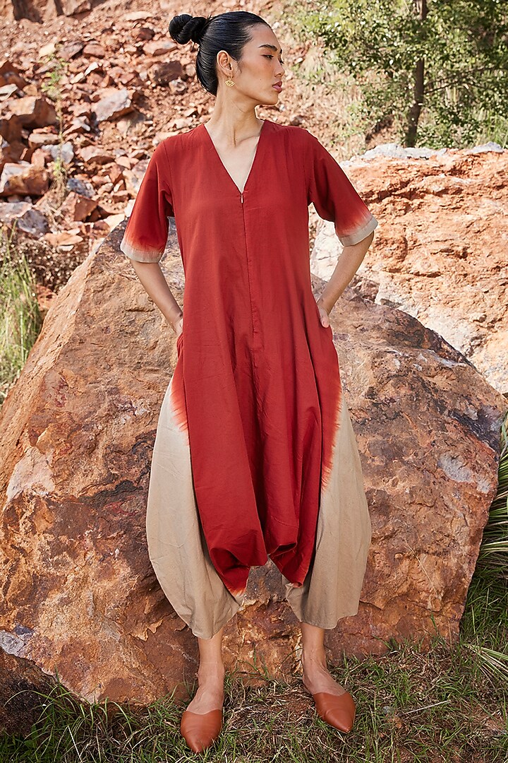 Red & Beige Dip-Dyed Printed jumpsuit by Khara Kapas at Pernia's Pop Up Shop