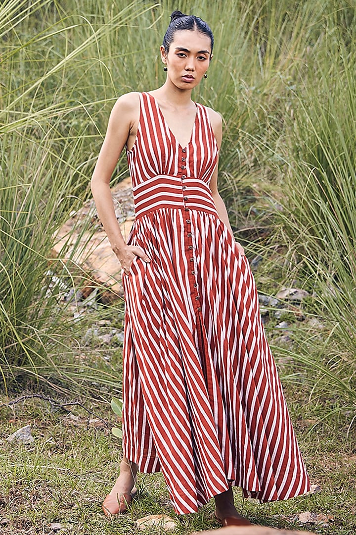 Red & Off-White Striped Printed Flared Dress by Khara Kapas
